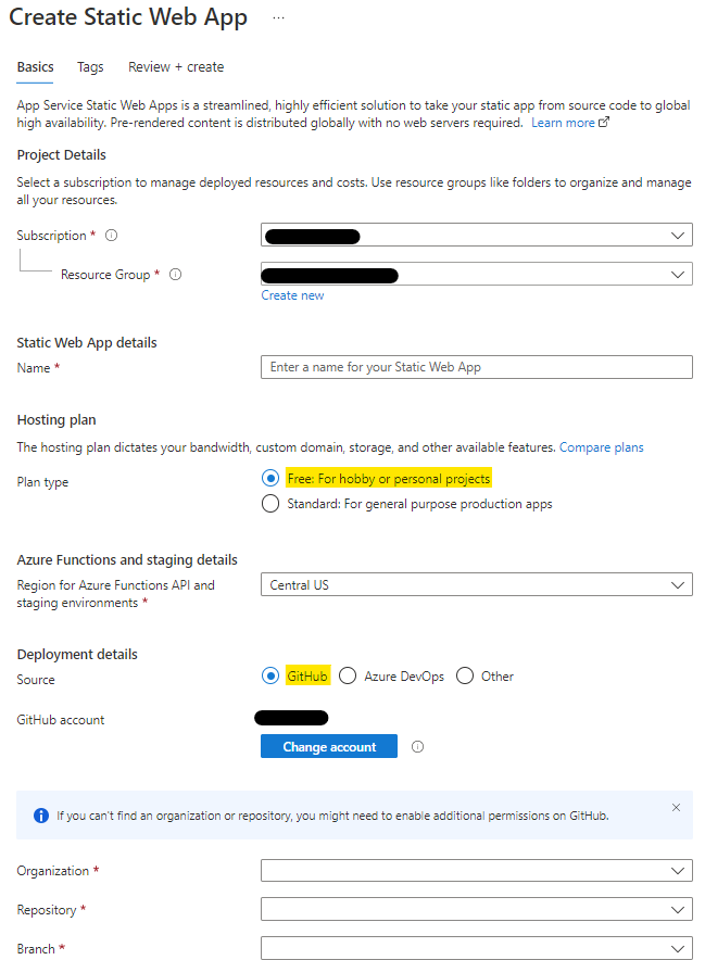 Azure Static Web App creation user interface