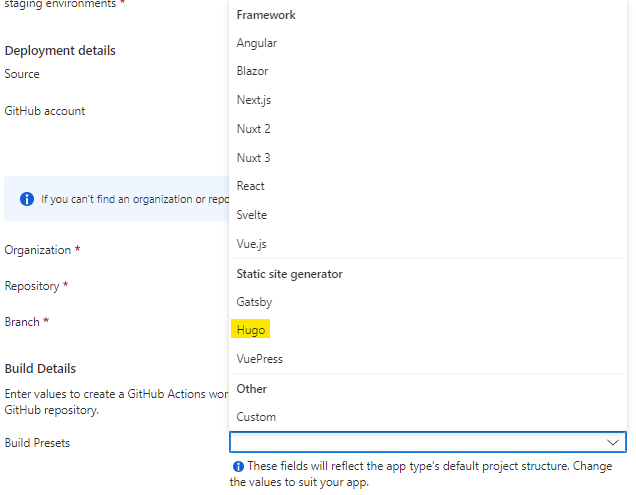 Azure Static Web App creation user interface